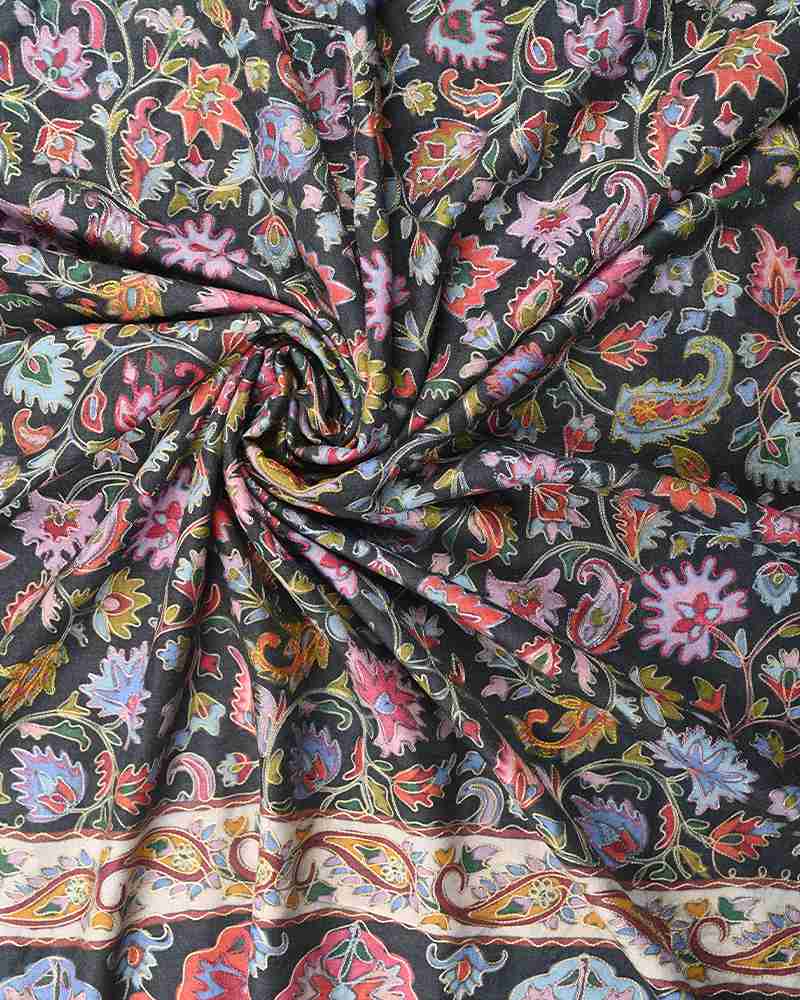 Pashmina Wool Kalamkari Embroidery Shawl Black