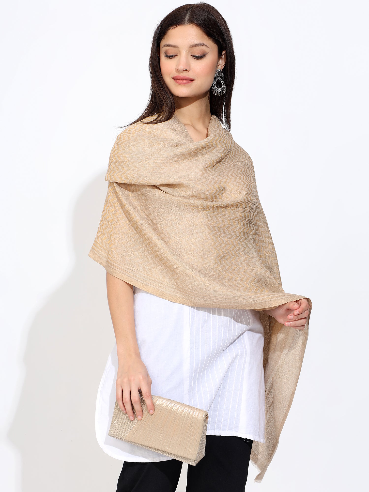 Grey Pashmina Wool Zari Chevron Pattern Stole