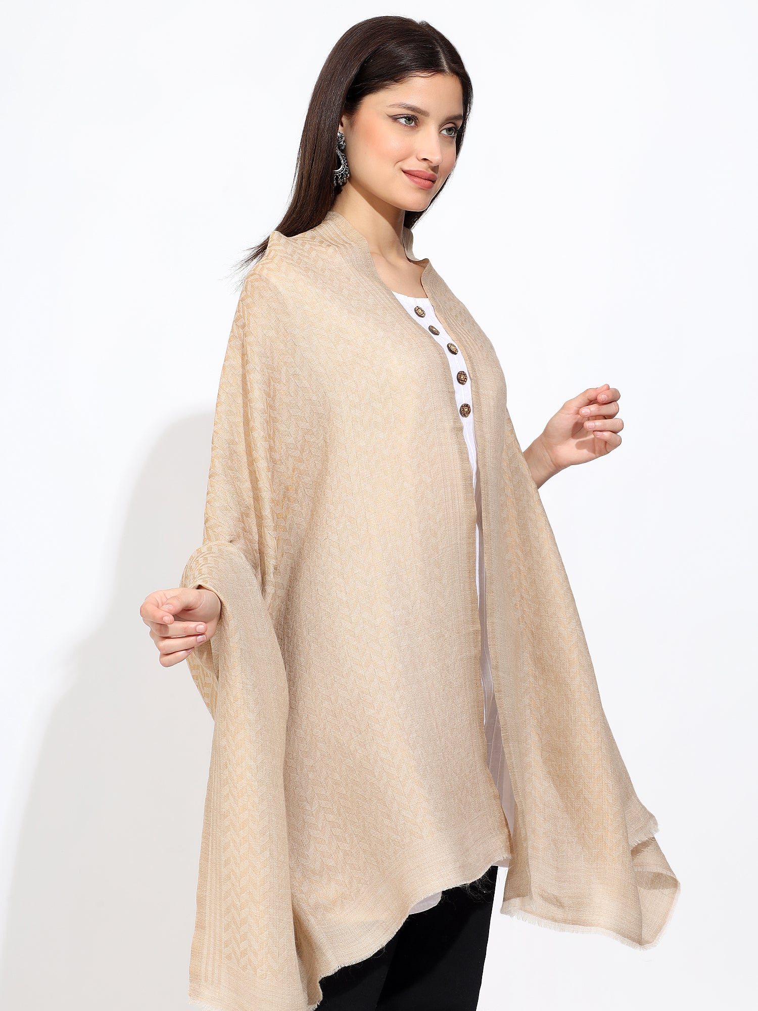 Grey Pashmina Wool Zari Chevron Pattern Stole