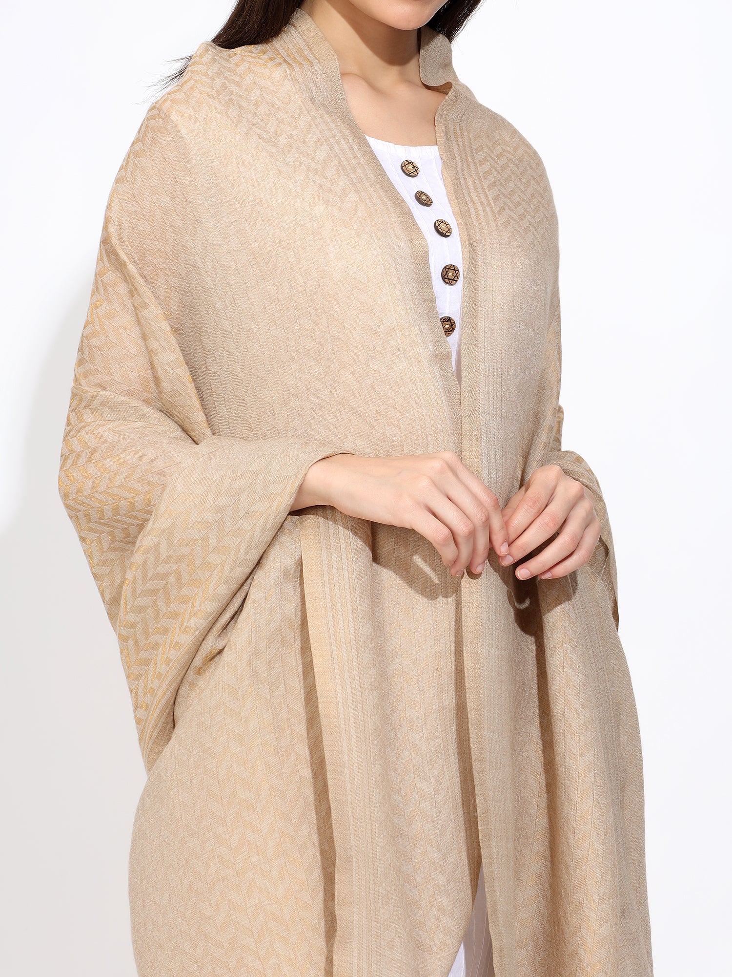 Grey Pashmina Wool Zari Chevron Pattern Stole