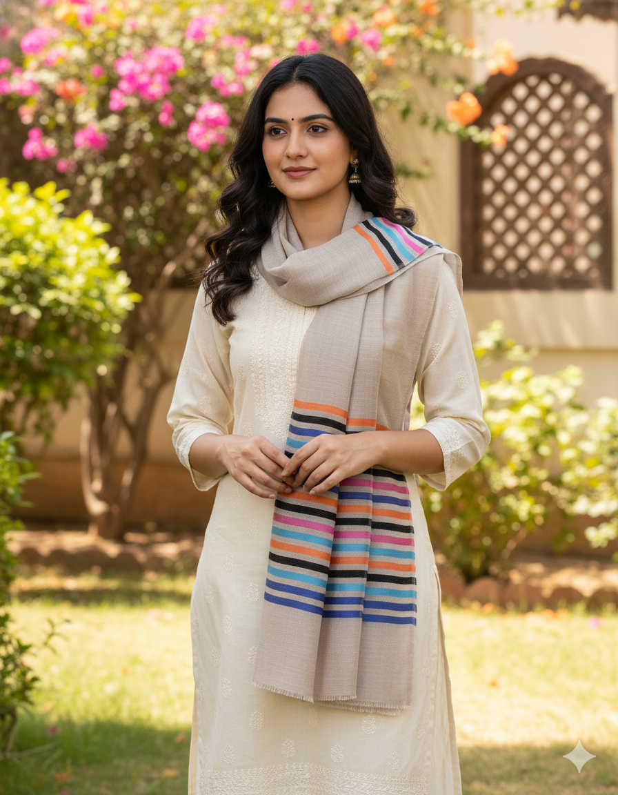 Cream Pashmina Wool 14/Silk Stripe Stole