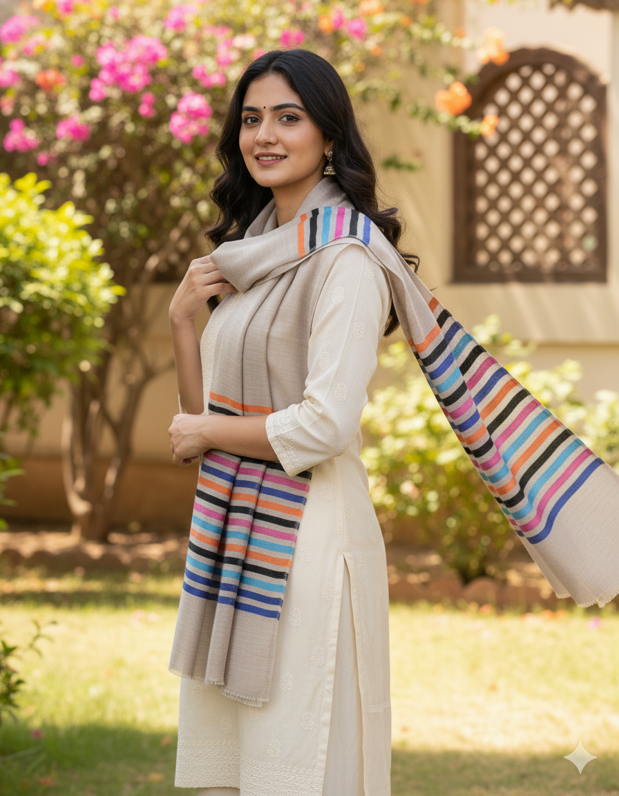 Cream Pashmina Wool 14/Silk Stripe Stole