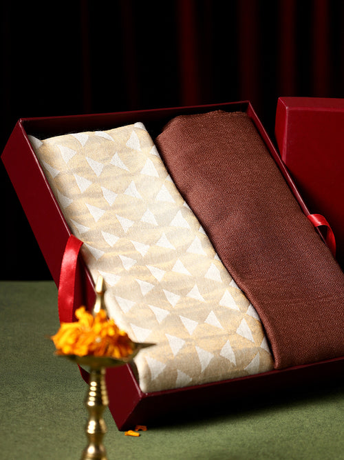 Women's Off White Pashmina Wool Zari Pyramid Stole & Gentlemen's Brown Pashmina Wool Diamond Weave Muffler