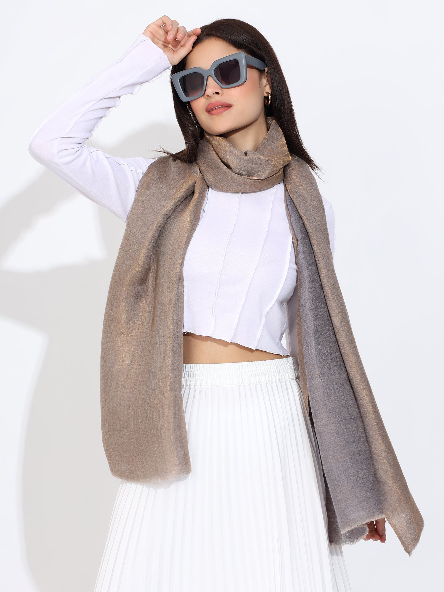 Pashmina Wool Zari Reversible Stole Grey