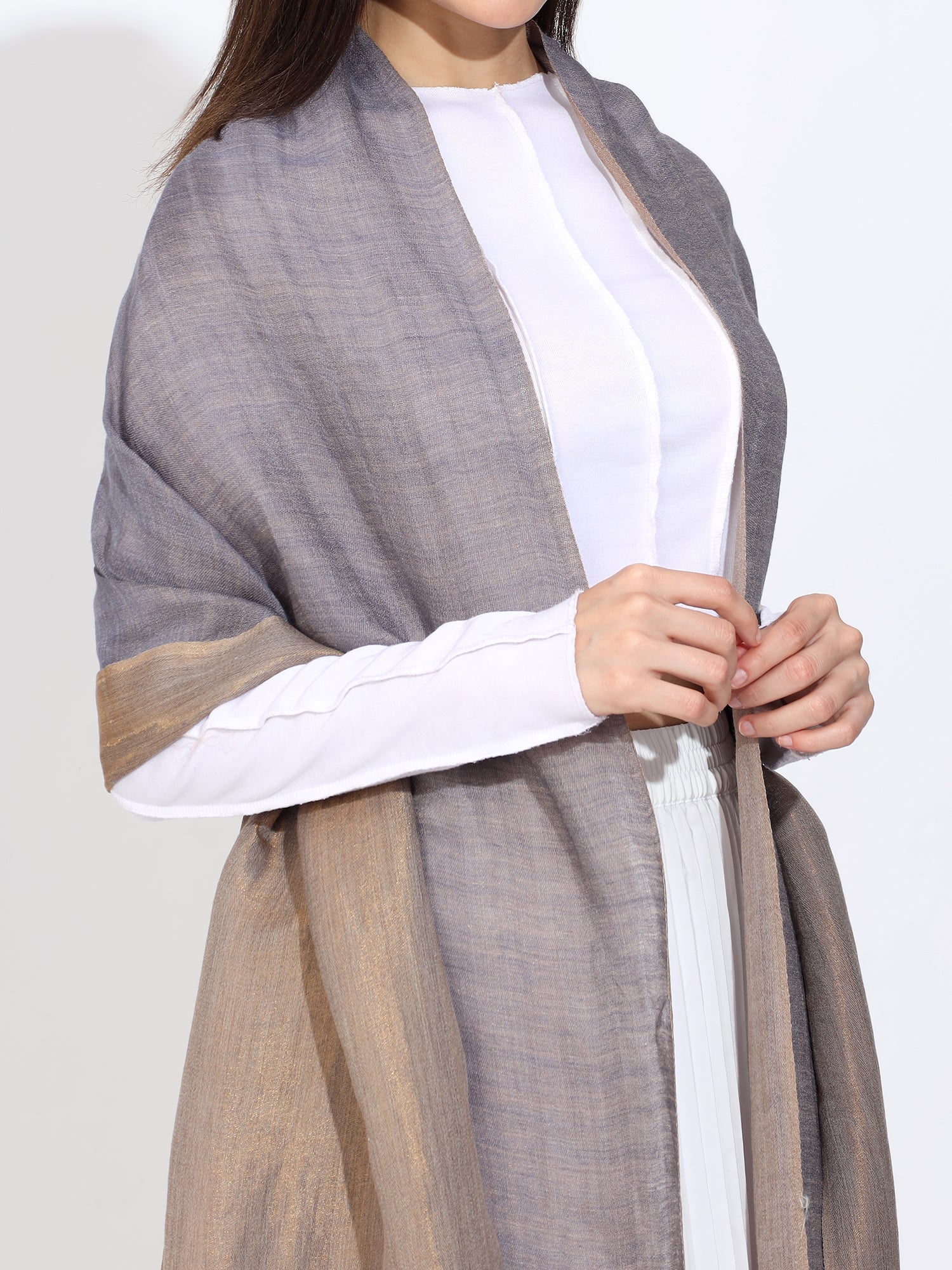 Pashmina Wool Zari Reversible Stole Grey