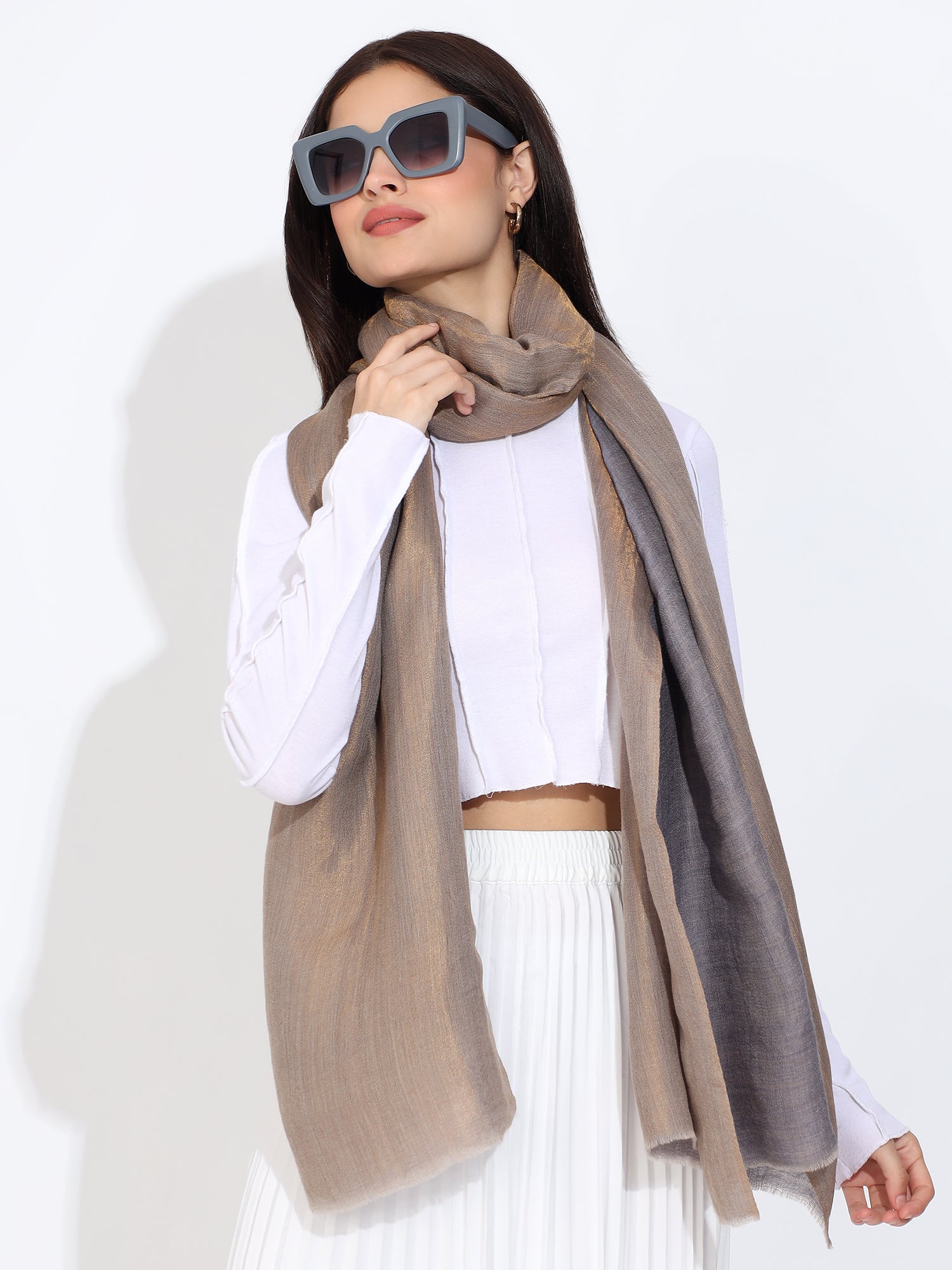 Pashmina Wool Zari Reversible Stole Grey