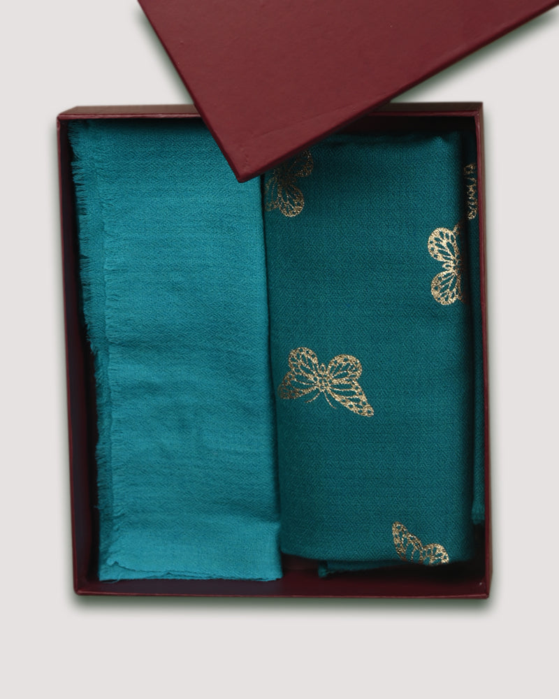 Turquoise Fine Wool Foil Print Stole & Turquoise Fine Wool Diamond Weave Muffler Combo