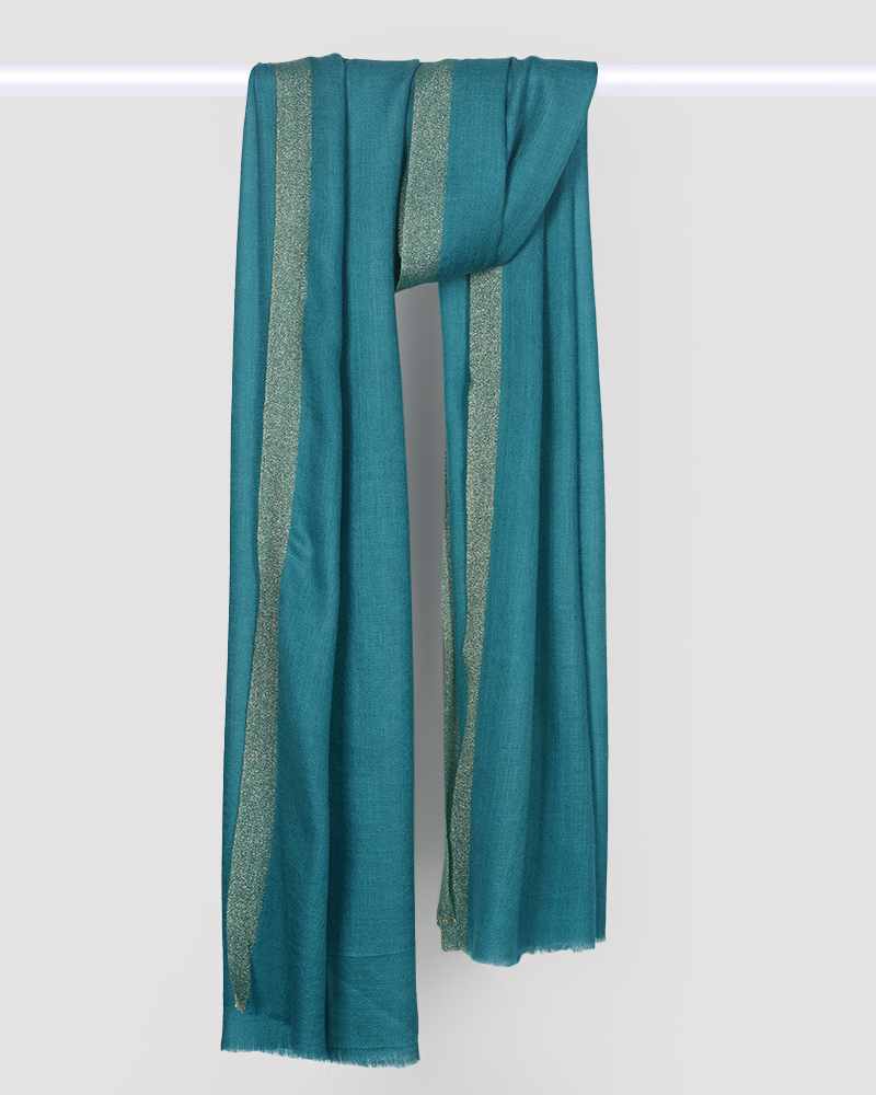 A turquoise pashmina wool stole with zari kandi border displayed on a white background.

