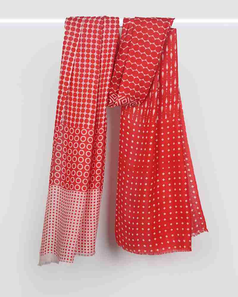 red pashmina wool stole with white screen print design