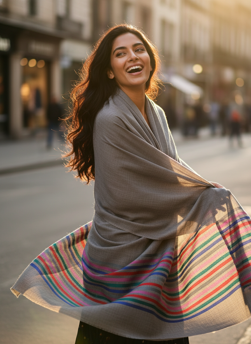 Grey Pashmina Wool 14/Silk Stripe Stole