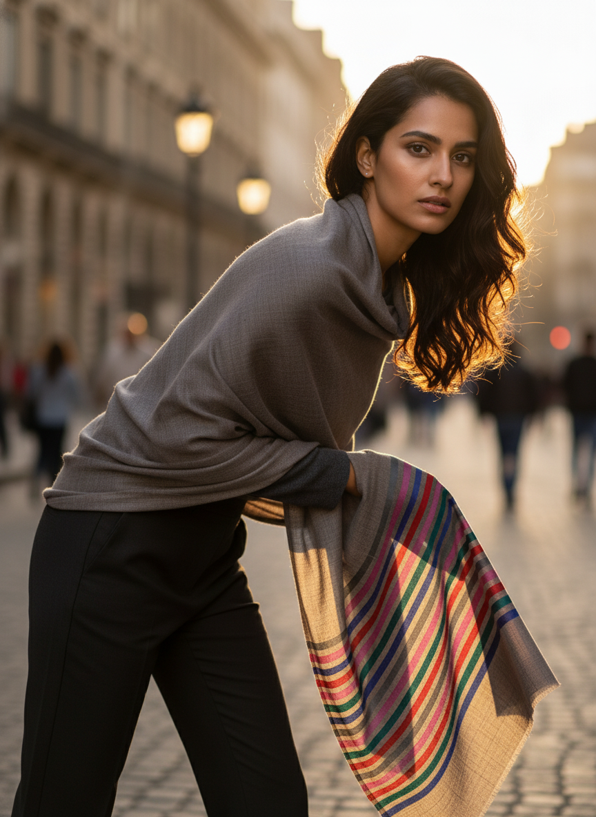Grey Pashmina Wool 14/Silk Stripe Stole